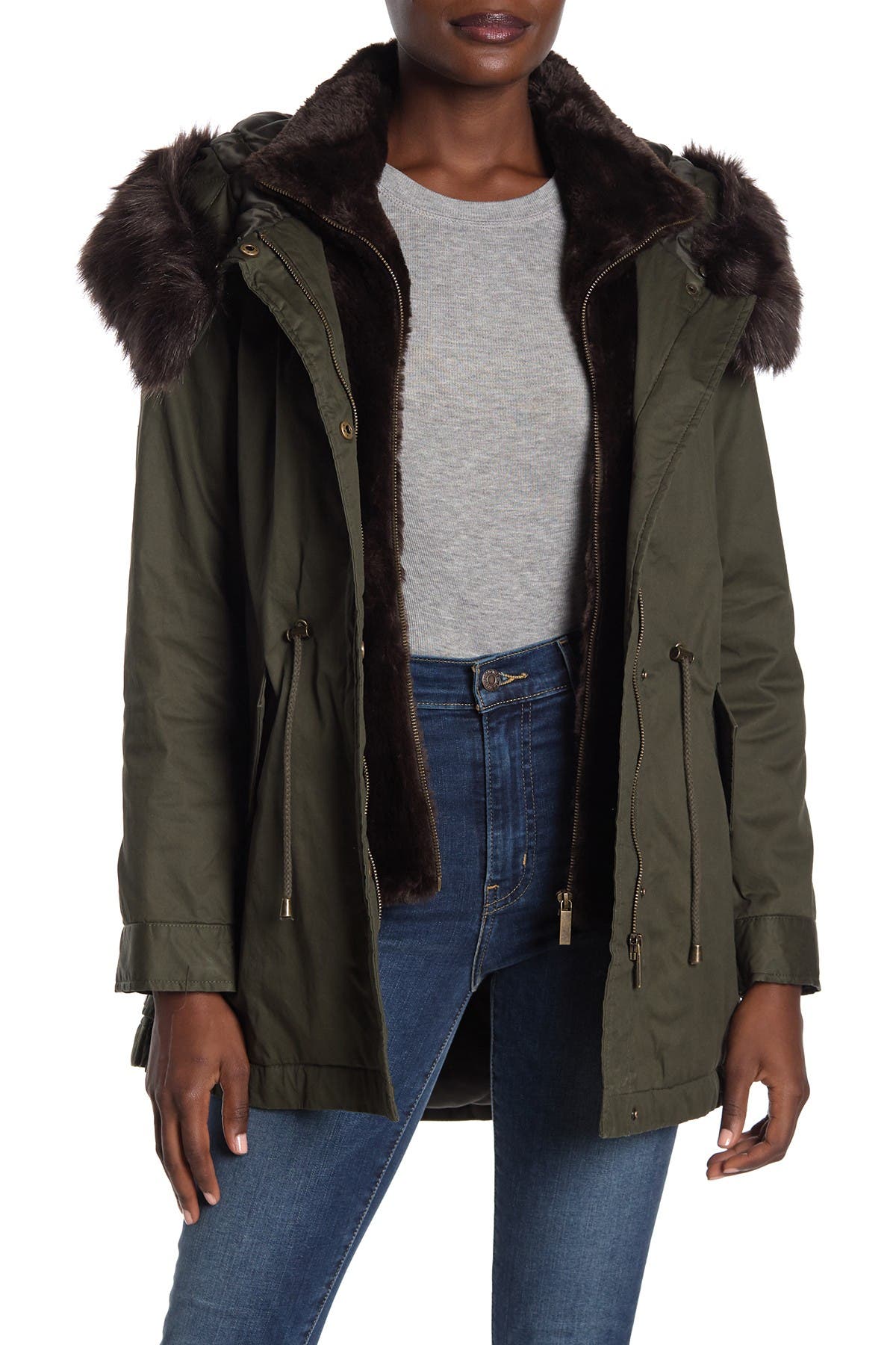 french connection faux fur hood parka jacket