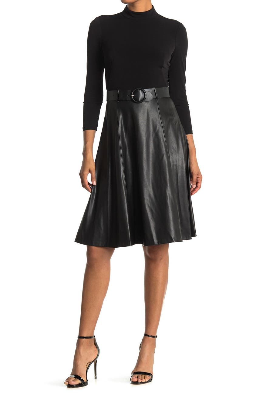 Calvin Klein Mock Neck Faux Leather Skirted Twofer Midi Dress