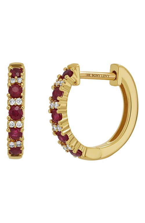 Ruby & Diamond Huggie Hoop Earrings in 18K Yellow Gold