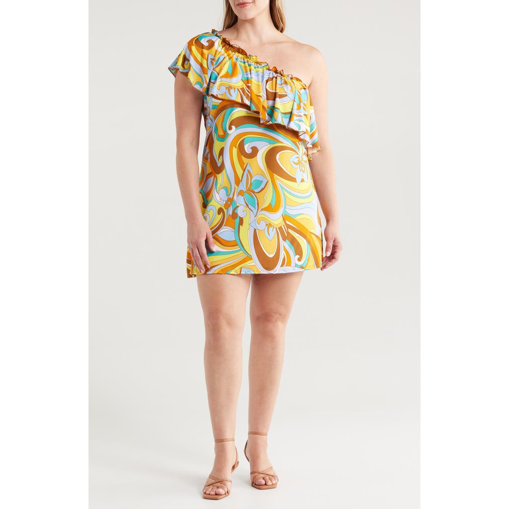 24seven Comfort Apparel Mod Floral Print One-shoulder Minidress In Yellow Multi