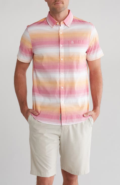 Ombré Stripe Stretch Cotton Blend Poplin Short Sleeve Button-Down Shirt