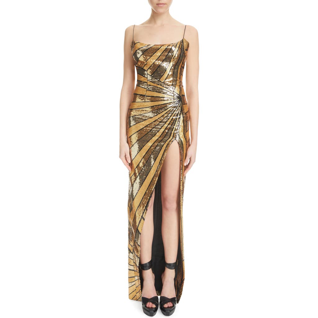 Balmain Mixed Sequin Stripe Side Slit Gown In Black/gold