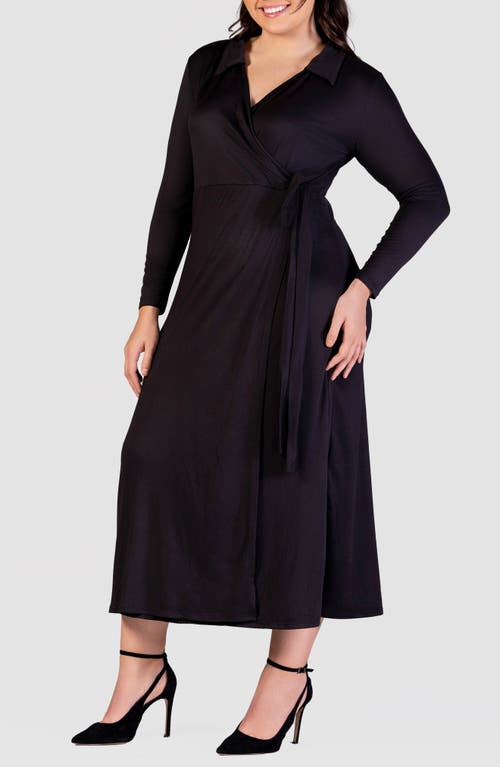 Shop 24seven Comfort Apparel Collared Long Sleeve Wrap Front Maxi Dress In Black