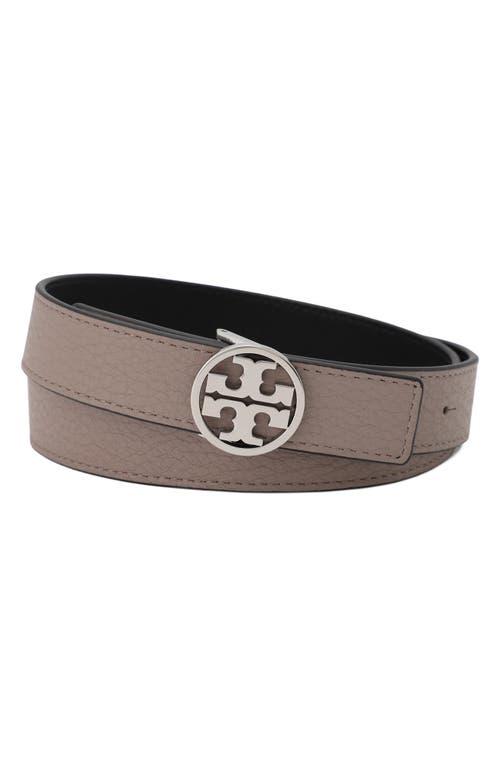 Shop Tory Burch Miller 1-inch Reversible Logo Belt In Grey Heron/black/silver