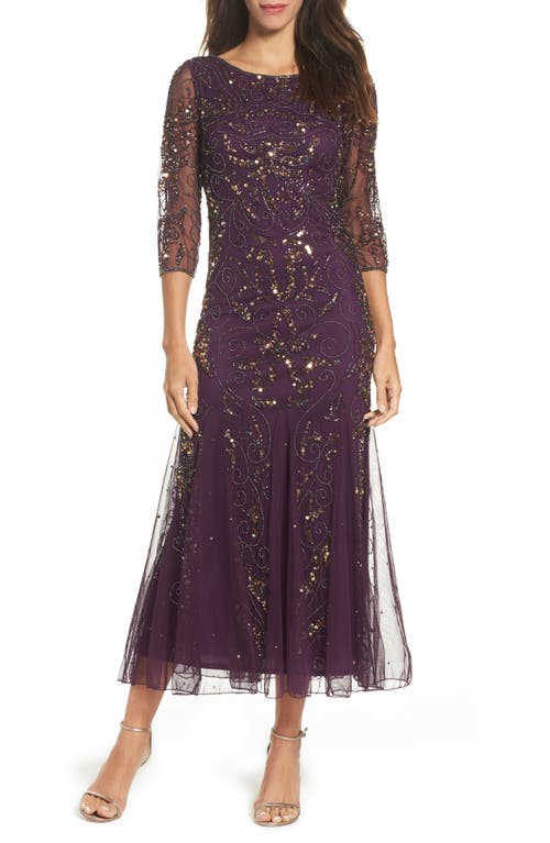 Shop Pisarro Nights Illusion Sleeve Beaded A-line Gown In Plum