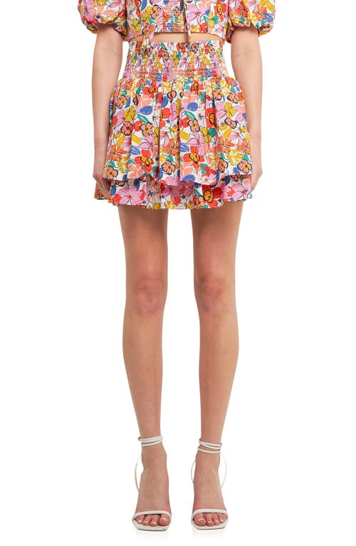 Endless Rose Floral Smocked Cotton Miniskirt in White Multi at Nordstrom, Size X-Small