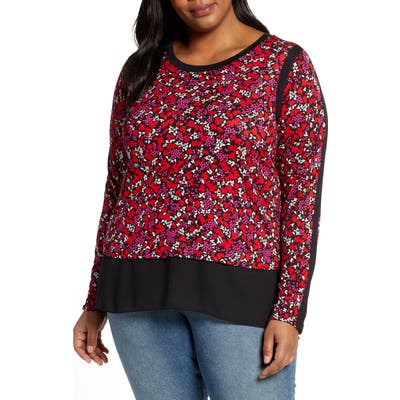 Plus Size Michael Michael Kors Woodland Flowers Tiered Long Sleeve Top, Red
