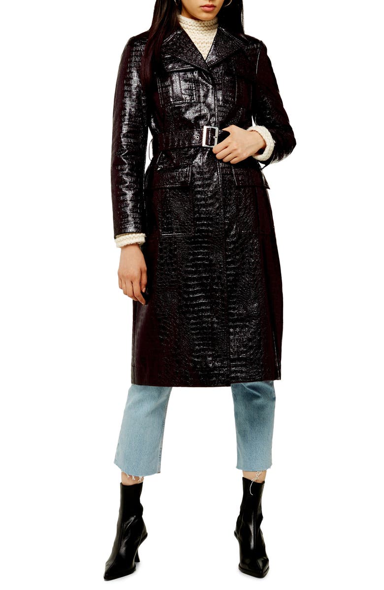TOPSHOP Tula Faux Alligator Trench Coat, Main, color, BURGUNDY