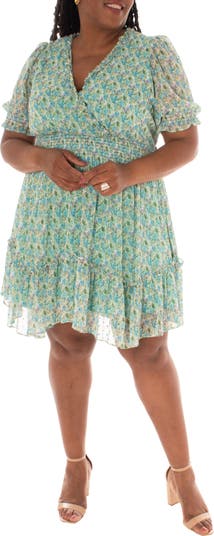 Sea Green Color Floral Printed Smocked Plus Size Dress