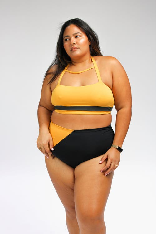 Mary Mercedes Cali Super High Waisted Color-blocked Bikini Bottom In Black And Mustard Yellow