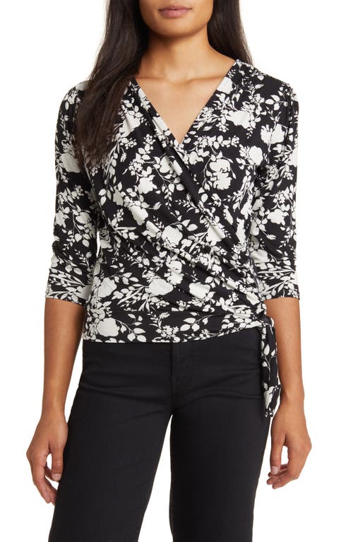 Loveappella Faux Tie Wrap Top Black/Ivory at Nordstrom,
