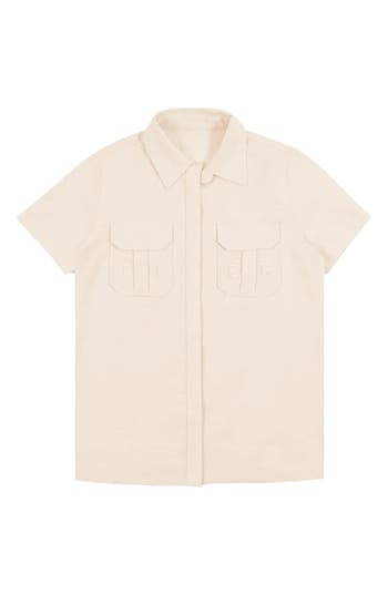 Shop Tier Nyc Tier Stacey Short Sleeve Button-up Shirt In Light Beige