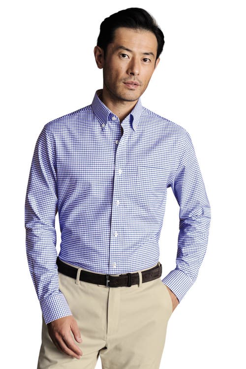 Slim Fit Button-Down Collar Non-Iron Stretch Check Oxford Shirt in Cornflower Blue