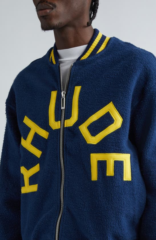 Shop Rhude Oversize Logo Cotton Terry Varsity Jacket In Navy/ Yellow