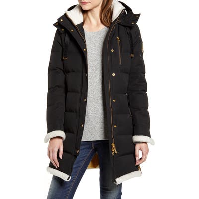 Moose Knuckles Mont Joli Genuine Shearling Trim Hooded Down Jacket, Black