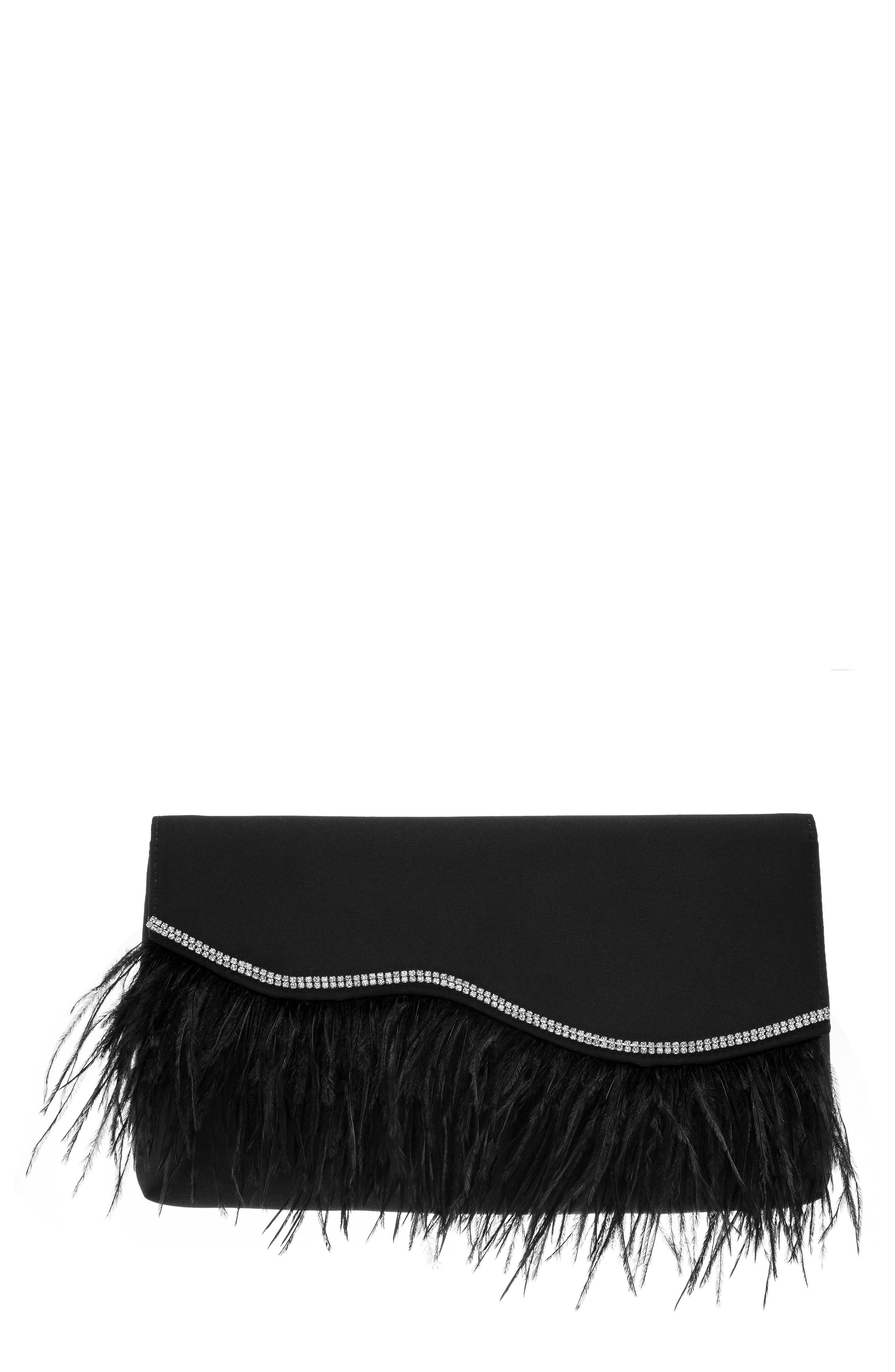 NINA Kaidy Feather Trim Satin Clutch