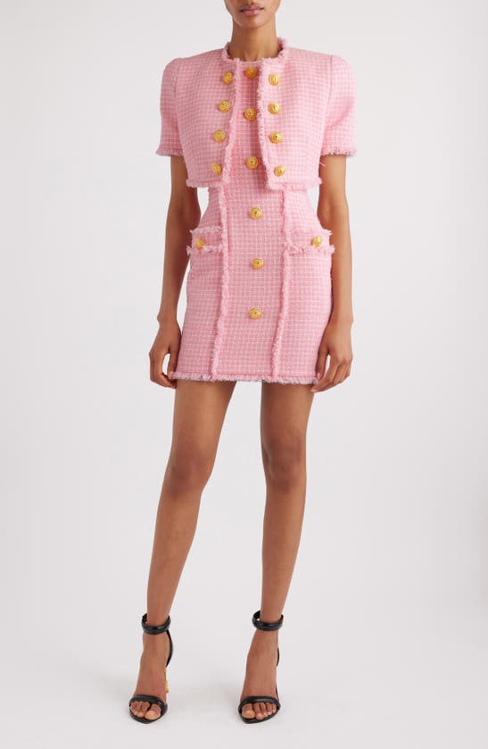 Shop Balmain Gingham Tweed Minidress In Pink