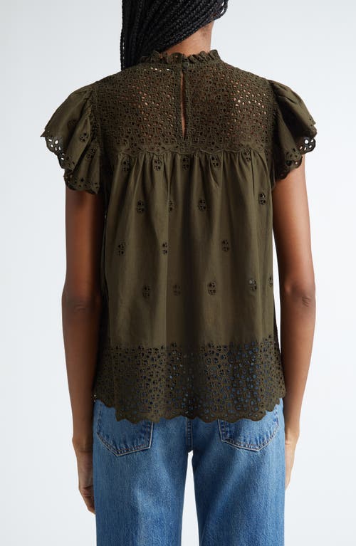 Shop Ulla Johnson Kassi Eyelet Flutter Sleeve Cotton Top In Militaire