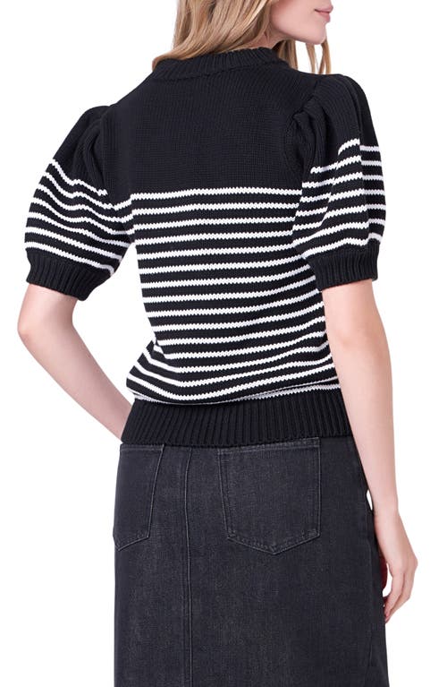 Shop English Factory Stripe Short Puff Sleeve Sweater In Black/white