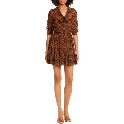 Nicholas Print Ruffle Silk Minidress, Brown