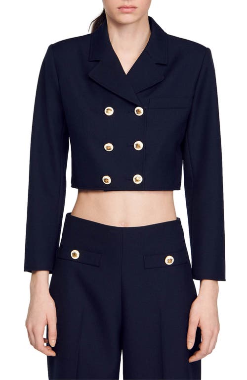 Ales Double-Breasted Wool Blend Crop Blazer in Deep Blue