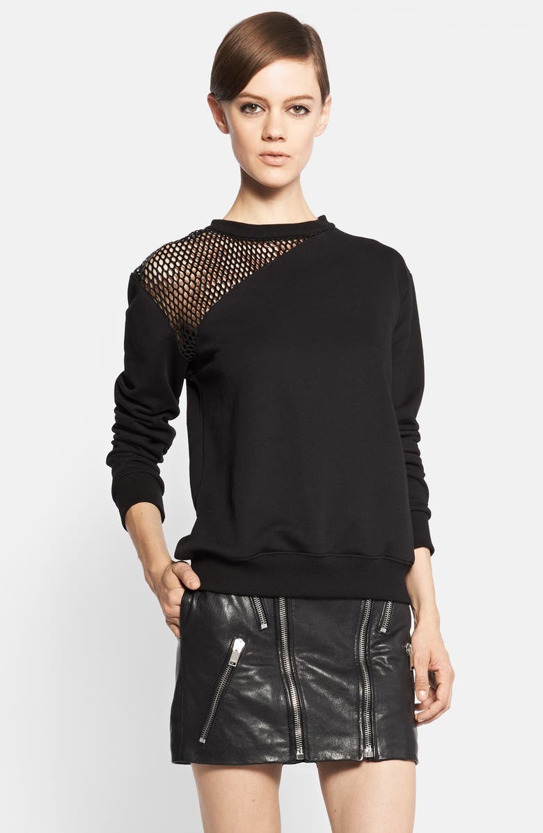 Saint Laurent Leather Mesh Shoulder Sweatshirt | Nordstrom