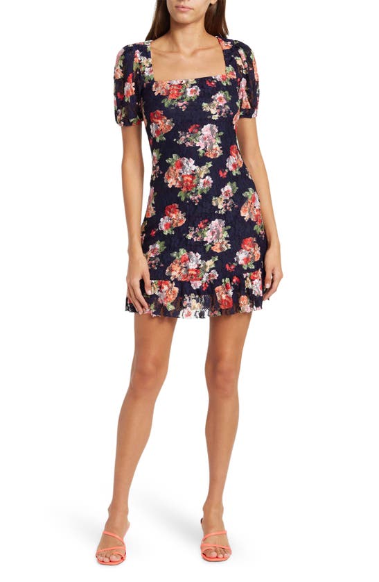 Tash And Sophie Floral Square Neck Lace Minidress In Navy/ Multi