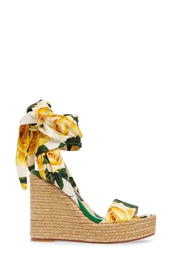 Shop Dolce & Gabbana Dolce&gabbana Floral Print Ankle Tie Wedge Sandal In Yellow Multi