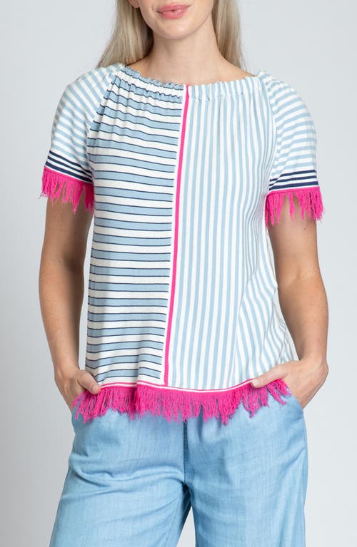 Fringe Multi Stripe Short Sleeve Knit Top in Pink Multi