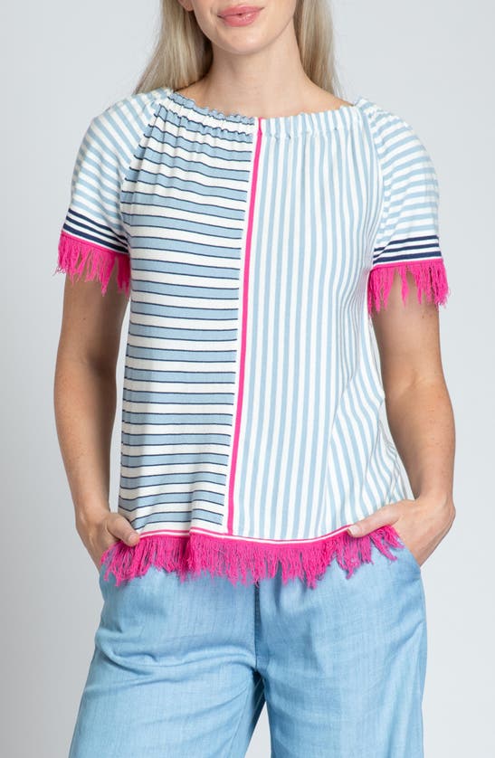 Shop Apny Fringe Multi Stripe Short Sleeve Knit Top In Pink Multi