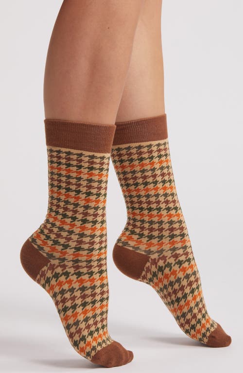 Casa Clara Houndstooth Cotton Blend Crew Socks In Brown