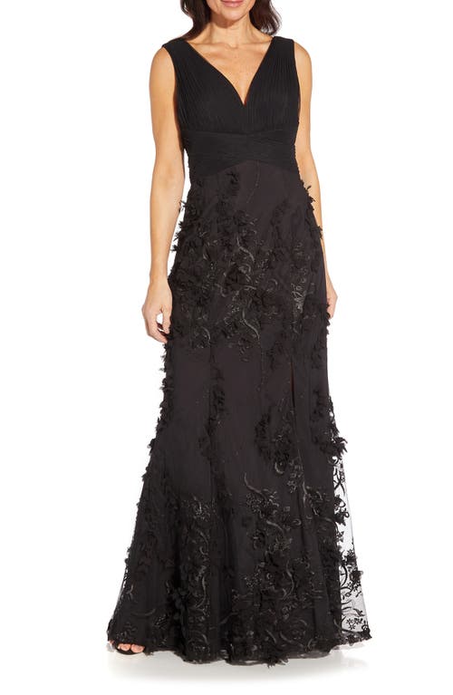 Embroidered Mesh Trumpet Gown in Black