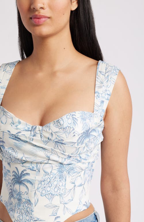 Mistress Rocks Draped Cotton Blend Corset Top In White Garden Print