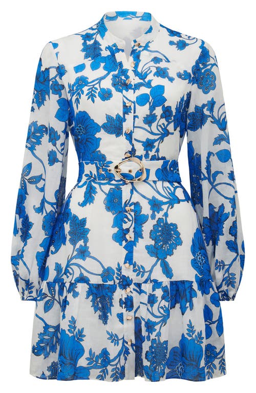 Shop Ever New Aurora Floral Long Sleeve Belted Ramie Skater Dress In Large Blue Leila Chintz