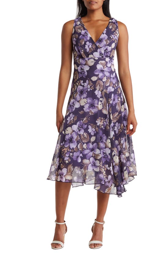 Connected Apparel Asymmetric Hem Midi Dress In Grape