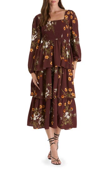 August Sky Floral Long Sleeve Tiered Midi Dress In Oxblood Multi
