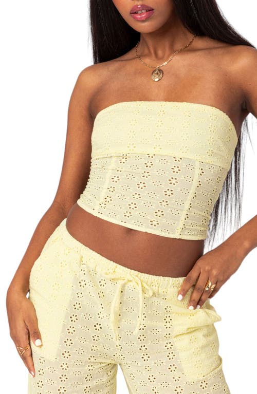 Shop Edikted Lemon Eyelet Lace-up Corset Crop Tube Top In Yellow