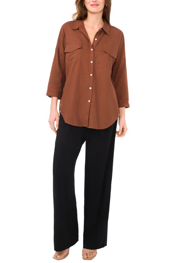 Shop Halogen ® Oversize Linen Blend Button-up Tunic In Cocoa Brown