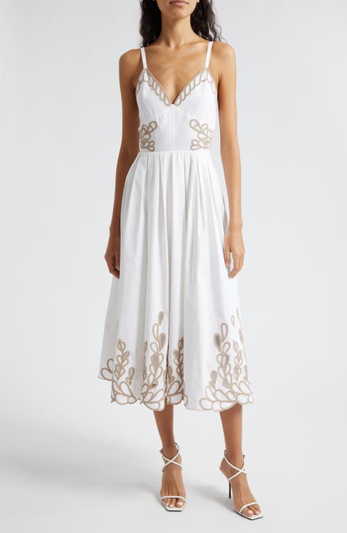 Cinq à Sept Maude Braid Detail Cotton Midi Dress in White/Khaki