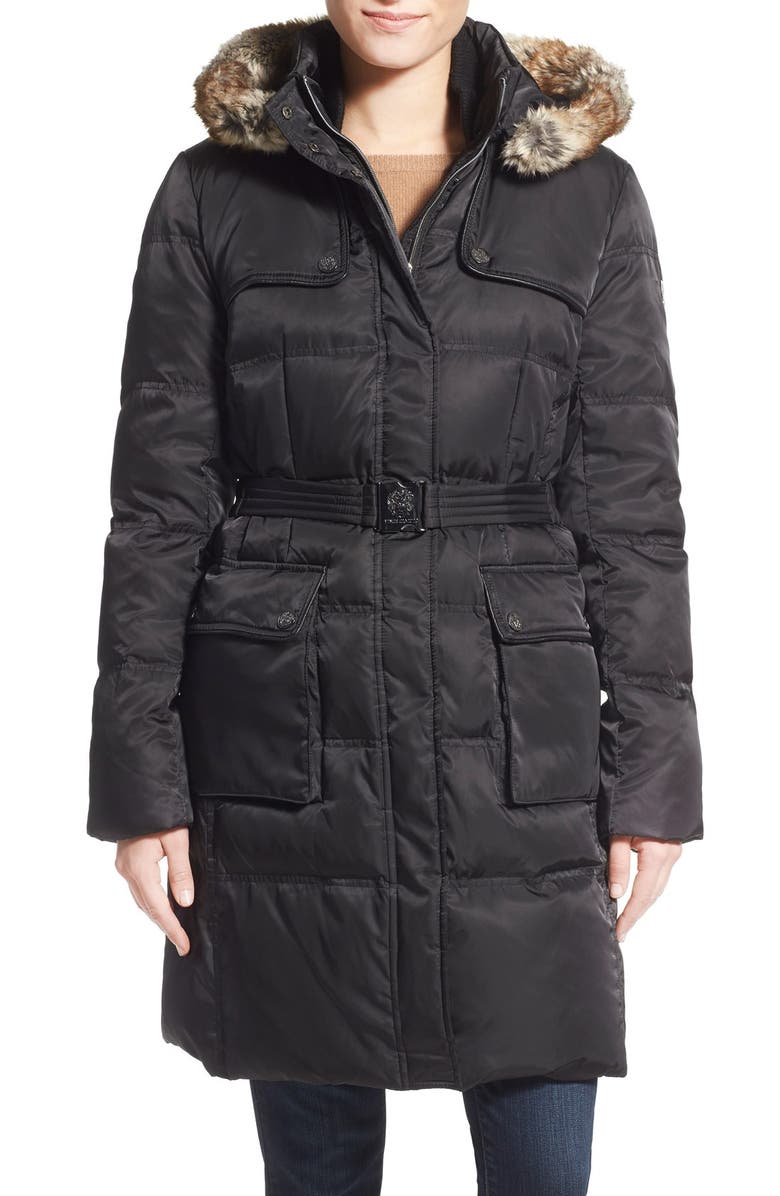 Vince Camuto Belted Faux Fur Trim Down & Feather Fill Coat | Nordstrom