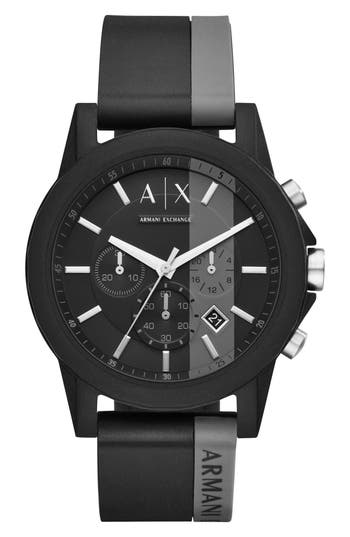 Ax Armani Exchange Chronograph Stripe Silicone Strap Watch, 45mm In Black