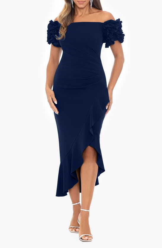 Shop Xscape Evenings Ruffle Off The Shoulder Midi Cocktail Dress In Navy
