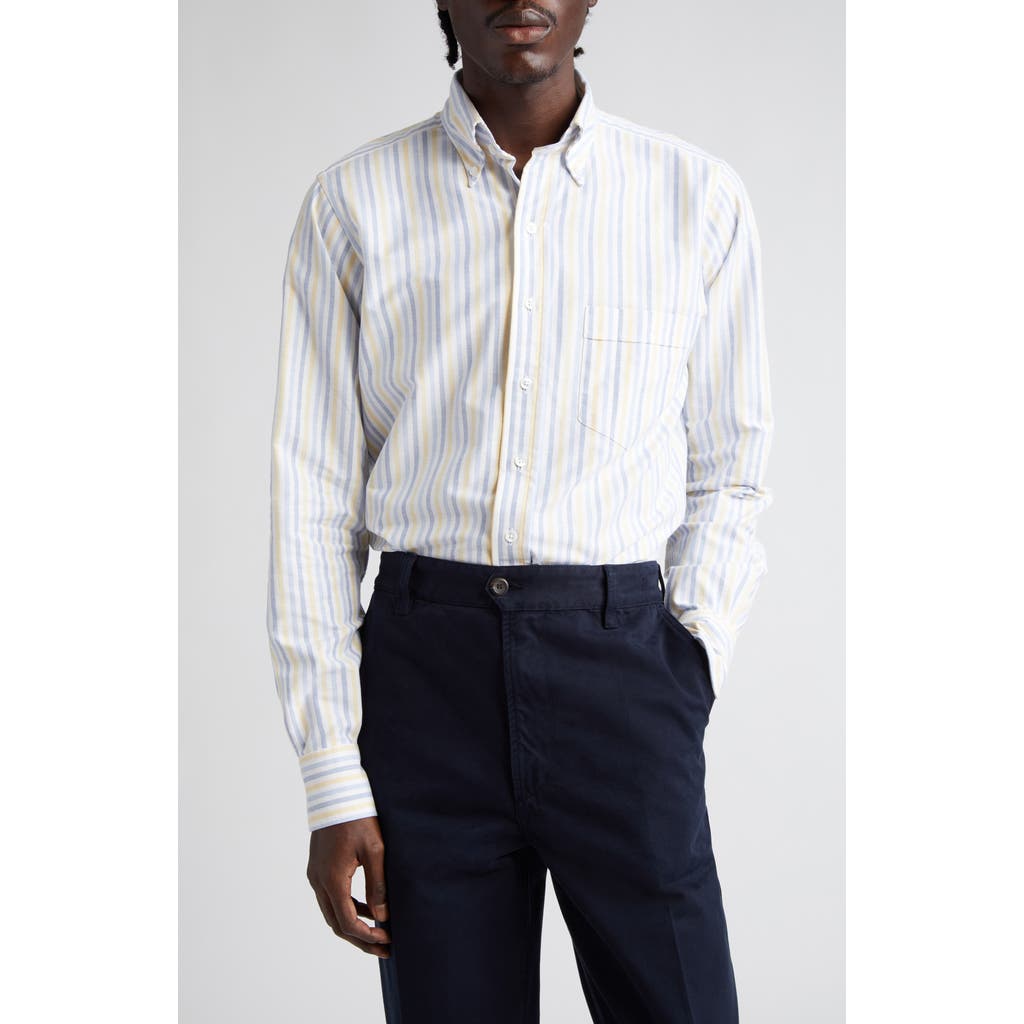 Drake's Thin Dual Stripe Cotton Oxford Button-down Shirt In White