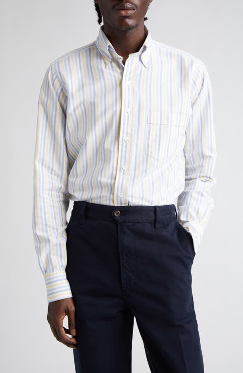 Drake's Thin Dual Stripe Cotton Oxford Button-Down Shirt Blue/Yellow/Lt Blue at Nordstrom,