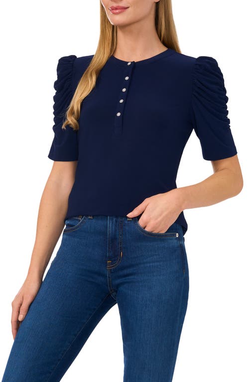 CeCe Ruched Sleeve Crepe Knit Henley in Classic Navy 