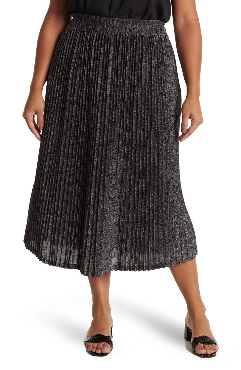 PLEIONE Lurex Pleated Midi Skirt, Main, color, BLACK