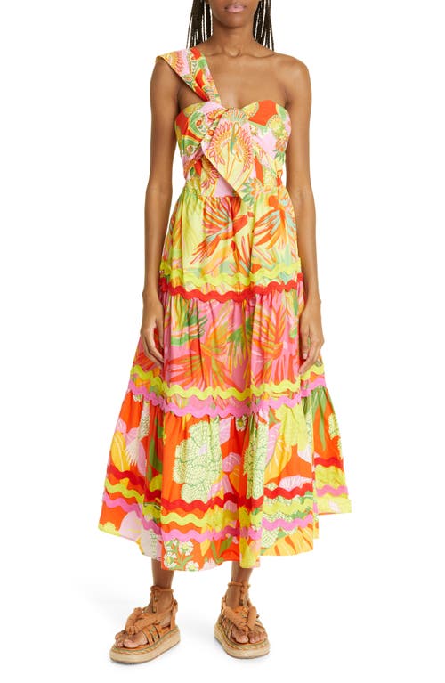 FARM Rio Mix Print One-Shoulder Tiered Cotton Dress in Multi Red/Lime