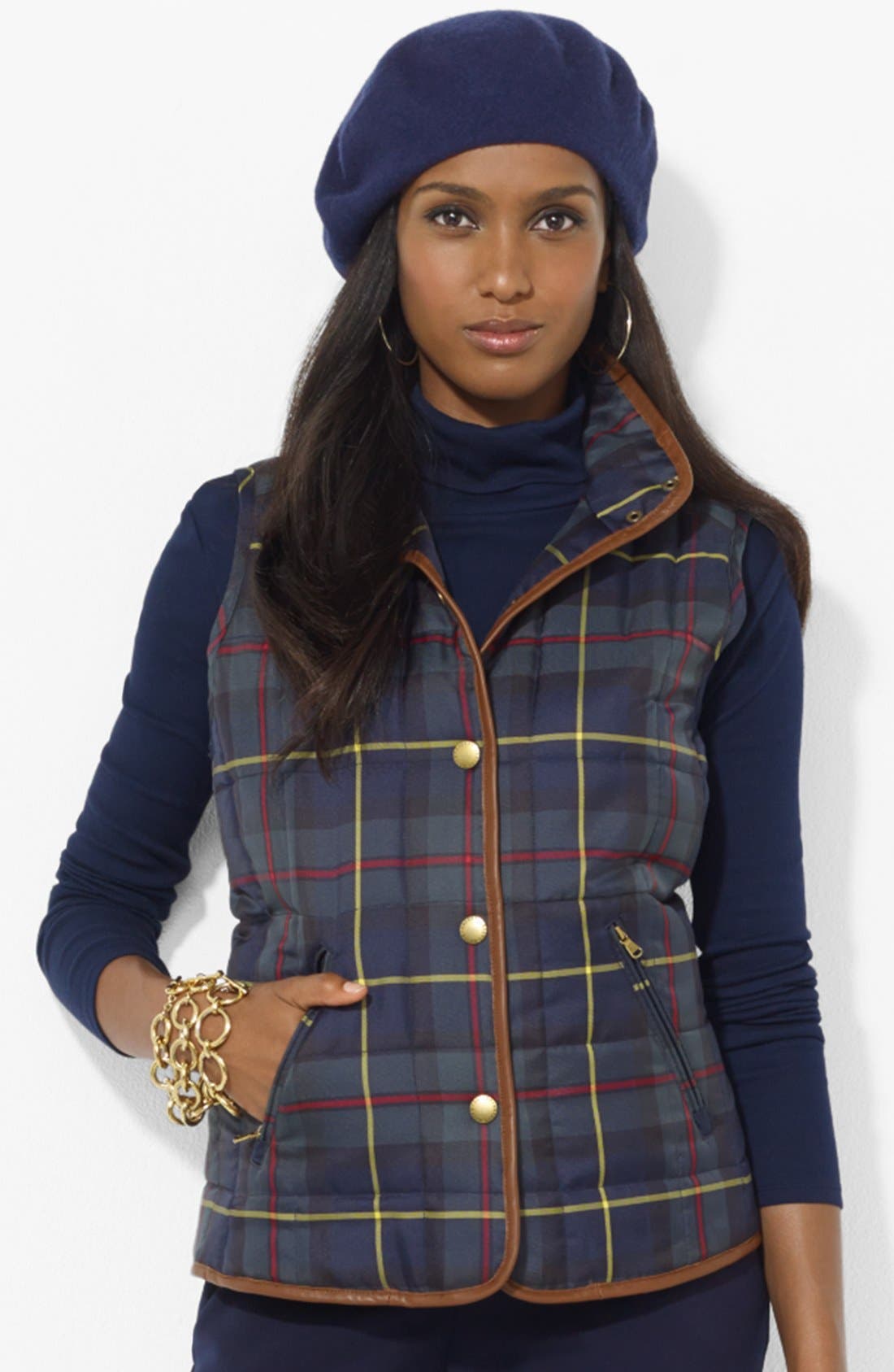 Lauren Ralph Lauren Leather Trim Plaid Vest (Petite) Nordstrom
