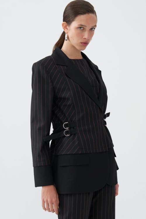 Shop Nocturne Striped Double Breasted Jacket With Belt Detail In Black