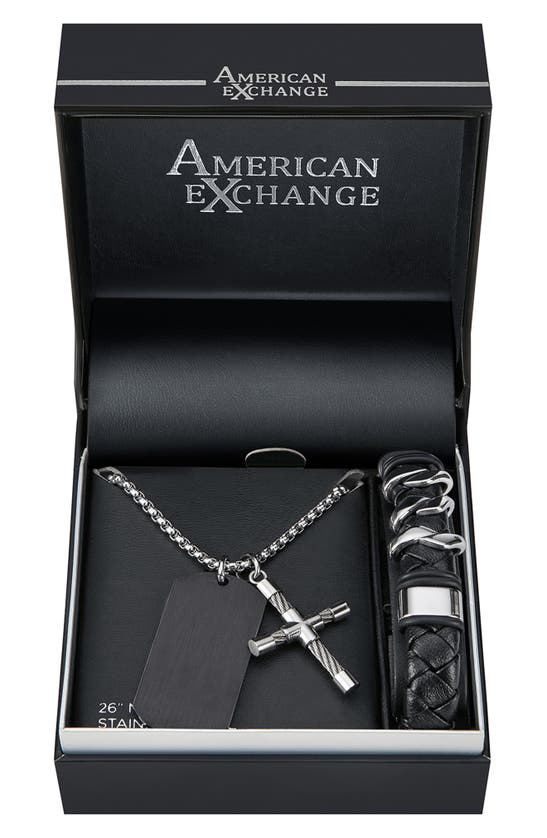 American Exchange Cross Pendant Necklace & Bracelet Set In Silver/ Black